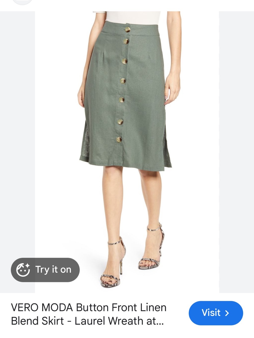 Vero Moda Olive Green Button-Front Midi Skirt